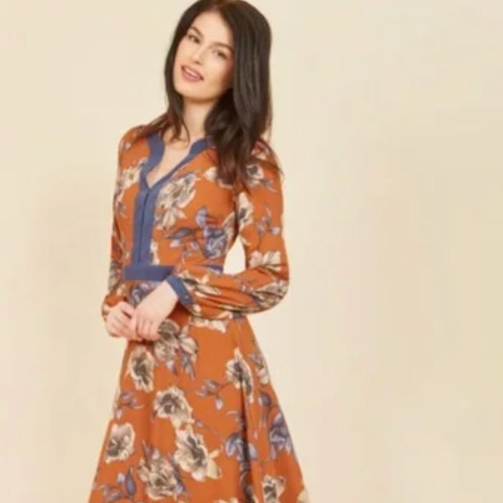 Orange and Blue Floral Long Sleeve Maxi Dress from ModCloth | Size L